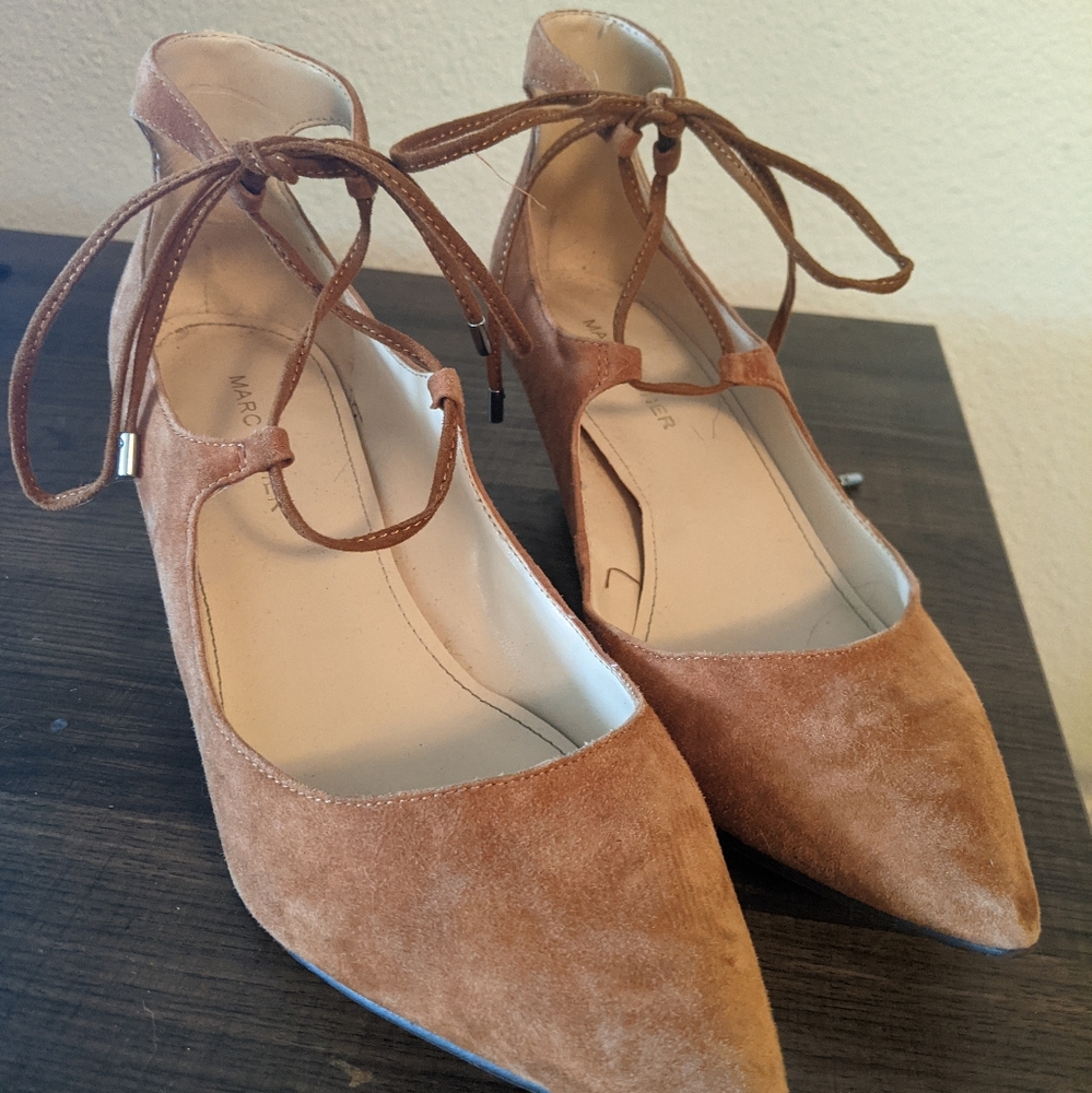 Marc Fisher Lace Up Tan Suede Wedges